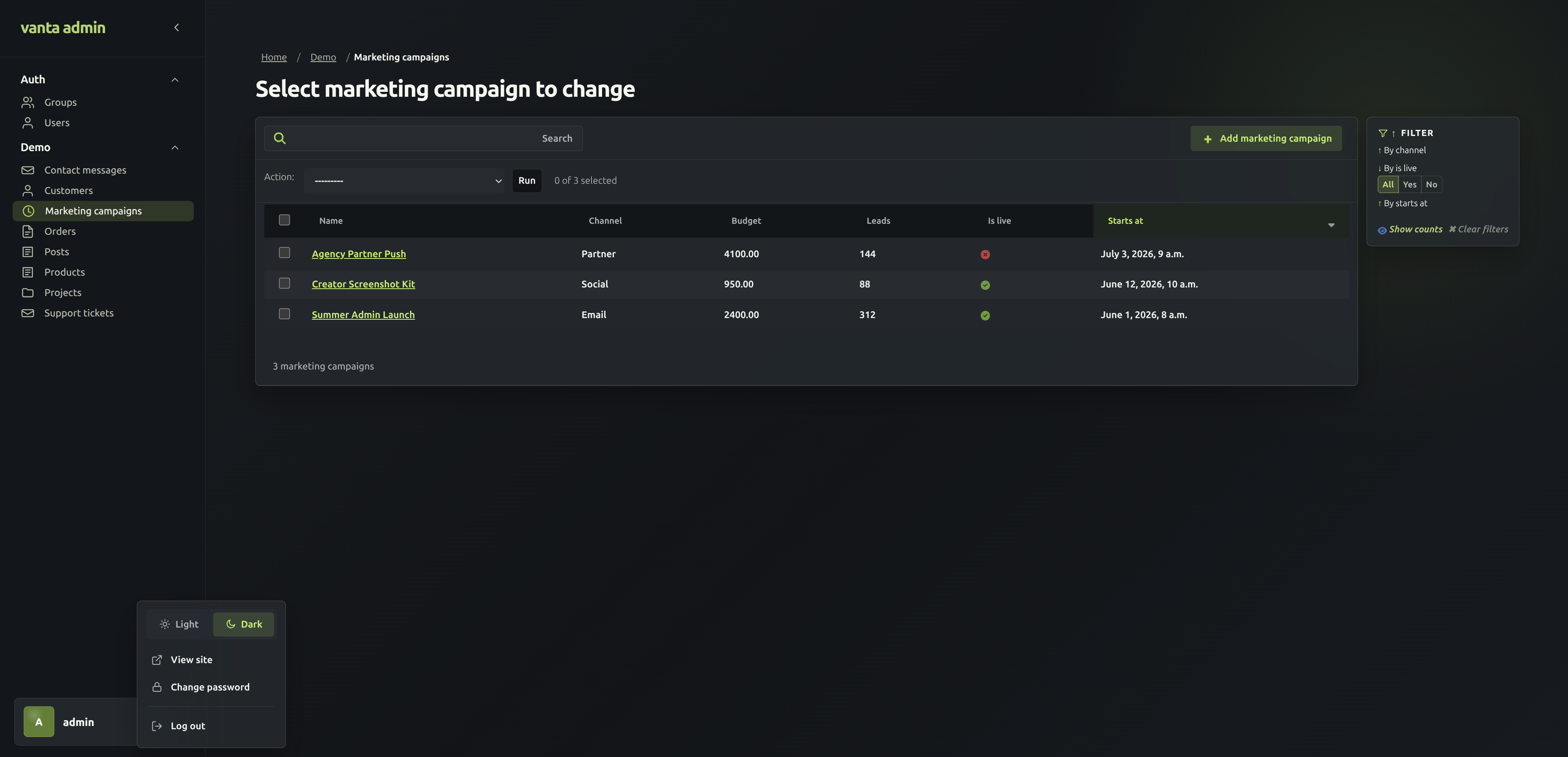 Vanta Admin dashboard preview with a dark sidebar, metrics, activity, and admin table.
